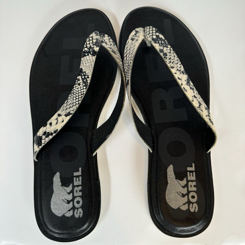 Sorel Ella II Thong Sandals Womens 8.5 Snake Print Flip Flop Beach White Black - Picture 2 of 4